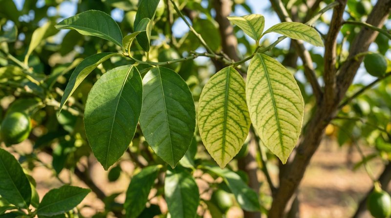 Différence entre feuille saine, carence en fer (chlorose) et carence en azote sur un agrume