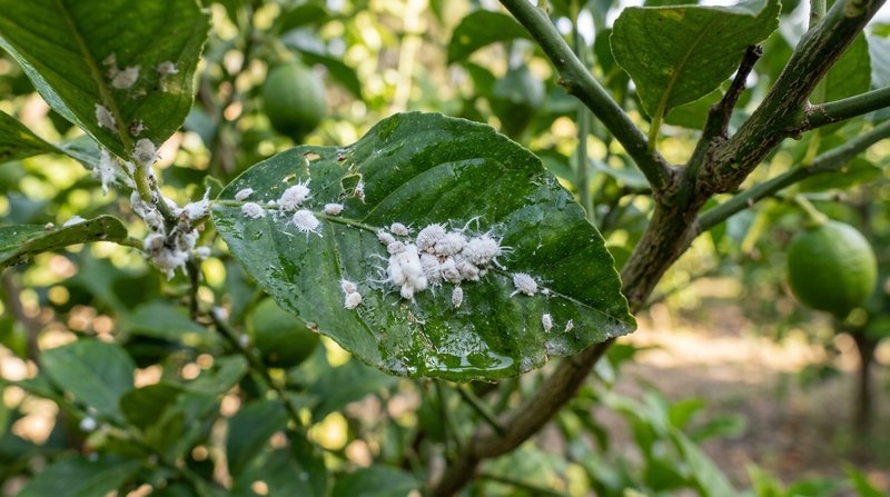 Gros plan sur des cochenilles farineuses sur une feuille de citronnier